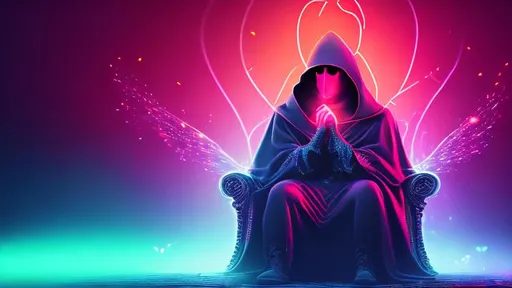 Prompt: Quality, detailed, 8k, masterpiece, beautiful hooded figure, sitting on a throne, neon heart background, particle effects