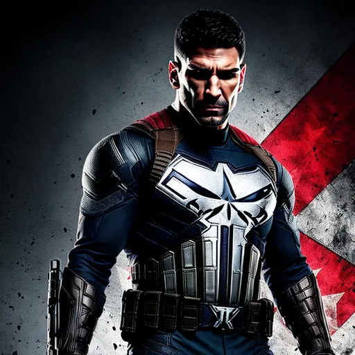 Prompt: High-resolution hyperrealistic photo of {{the punisher}} [[frank castle]] merged with captain america {{steve rogers}}, skull logo, black and crimson and grey costume, uhd, hdr, 64k