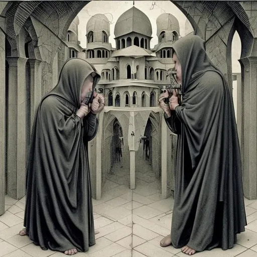 Prompt: 
Two threatening  angels with hoods and a threatening posture and stance pray outside of a masjid pointing both of their guns at me in the style of Escher and Hieronymus Bosch, paranormal