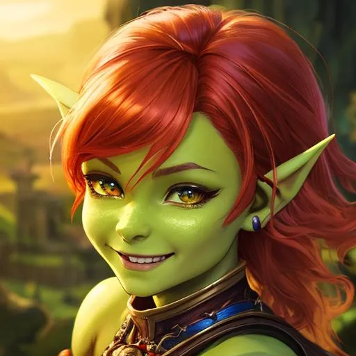 Prompt: oil painting, D&D fantasy, green-skinned-goblin girl, green-skinned-female, small, beautiful, short fiery red hair, wavy hair, smiling, pointed ears, short fangs, looking at the viewer, cleric wearing intricate adventurer outfit, #3238, UHD, hd , 8k eyes, detailed face, big anime dreamy eyes, 8k eyes, intricate details, insanely detailed, masterpiece, cinematic lighting, 8k, complementary colors, golden ratio, octane render, volumetric lighting, unreal 5, artwork, concept art, cover, top model, light on hair colorful glamourous hyperdetailed medieval city background, intricate hyperdetailed breathtaking colorful glamorous scenic view landscape, ultra-fine details, hyper-focused, deep colors, dramatic lighting, ambient lighting god rays, flowers, garden | by sakimi chan, artgerm, wlop, pixiv, tumblr, instagram, deviantart