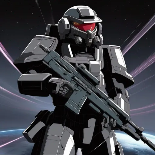 Prompt: A zaku soldier from Gundam 0079. He wields a rifle. black armor. dark grey details. Helmet on head. In background the space. Akira art. Anime art. 2d art. 2d.