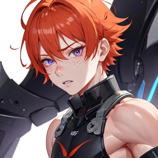 Prompt: Erikku male (short ginger hair, freckles, right eye blue left eye purple) muscular, UHD, 8K, Highly detailed, insane detail, best quality, high quality. hearts around him