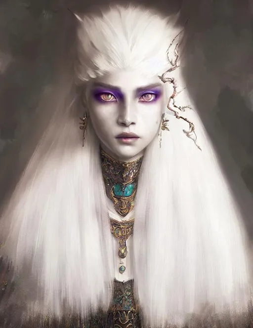 Prompt: A  beautiful white dragon queen, pearlescent white skin, stunning symmetrical  beautiful face, violet iridescent eyes, popped up colar cape made of dragon iridescent white scales art by greg rutkowski, sung choi, artgerm, pino daeni, karol bak, cushart, wlop, craig mullins, hyperdetailed, perfect composition, super clear definition, unreal engine, dramatic makeup, silver shining silky white hair