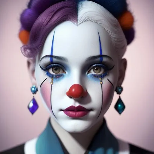 Prompt: beautiful clown, ,Sad clown, sad-eyed clown, tearful, dreamy, dreamy, perfect face, perfect eyes, perfect lips, perfect nose, intricate details, sharp focus, depth of field, volumetric lighting, fantasy majestic clothes, smooth soft skin, symmetrical face, soft lighting, detailed face, concept art, digital painting, ethereal, epic, 32k, intricate details, sharp focus, trending on artstation, kids story book style, muted colors, watercolor style