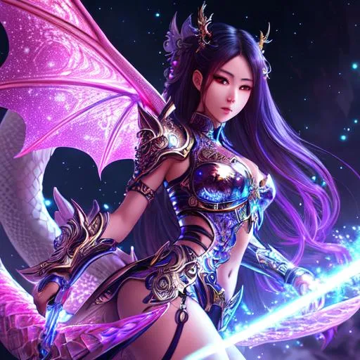 Prompt: Sci-fi, fantasy, Clear, high resolution, 8k, of a futuristic, beautiful Asian female dragon fairy. bloody, sadistic, detailed intricate fantasy background. clear eyes. Crisp image, extremely detailed face. Hyper realistic eyes. Detailed hands. Splash art. 
