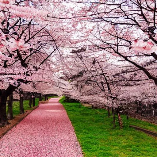 Prompt: cherry blossoms creating a path into the forest, pink sunrise, sparrows flying in the sky, realistic, dog running towards the forest, cherry blossoms falling