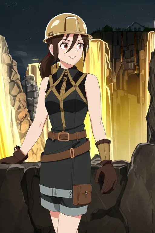 Prompt: Mika Abdalla, SFW, Same Aesthetic, Cute Face, One Adorable Dieselpunk Miner, Fully Clothed, Same Composition, Maiden Looking, Mika Abdalla, Long Ponytail, Black and Dark Brown Long Hairstyle Only, Small Chest, Forehead Visible, Same Face, Perfect Composition, Anime Style, Rose Gold Colored Mining Outfit, Caucasian, Stunning Mika Abdalla, Lithe Body, Very Wavy Very Dark Black and Brown Attractive Medium Romantic Tuck Hairstyle, Black Pants, Black Gloves, Dark Brown Eyes, Full Lips and Cute Smile, Same Composition Outfit, Same Build, Night Time Sky, Gold Construction Hard Hat, Rose Gold Clothing, Adorable, Strong Female Lead, Nice Body Aesthetics, Sweet Looking, Arid Land, Factory Quarry, Wholesome, Wonderous, Marvelous, Colorful, Mining Factory Conservation Facility Background, Same Composition, Dieselpunk Miner, Same Straps on Outfit, Caucasian Legs, Strong Female Lead, Same Hairstyle, Dieselpunk Worker Fantasy Cave, 23 year Old, Full Lips, Gears, Ochre and Brown Aesthetic, Brass Tinsels, Some Yellow on Outfit, Dieselpunk Retro Futuristic, Brown Rocky Cave Background, Inside of the Cave, Gems, Cute Body, Powerful Legs, Made By Squirt_rash_24. 