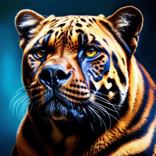 Prompt: 8k ultra realistic, hyper detailed, super detailed oil painting, unreal engine, muscular, physically fit,  black leopard spotted  bullmastiff , ultra bright blue eyes