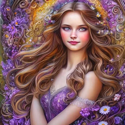 Prompt: portrait of pretty girl, long violet hair, daisies, style of Josephine Wall