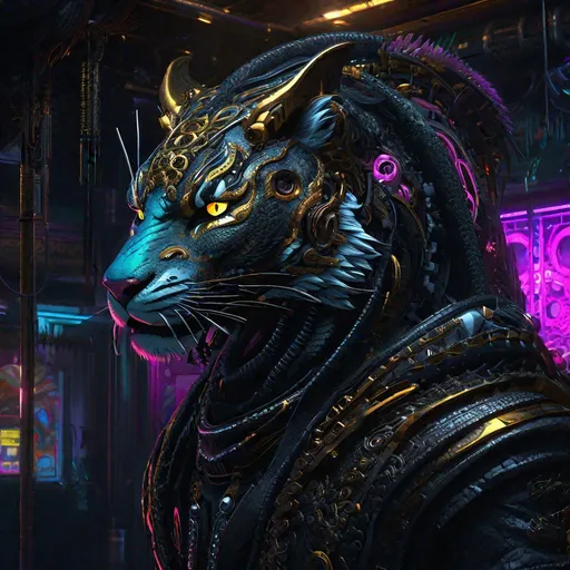 Prompt: "head and shoulder face portrait of a dragon Tiger with tentacles wearing cyberpunk filigree tech-wear standing inside a dark gothic cluttered living space, Hyperrealistic, splash art, concept art, mid shot, intricately detailed, color depth, dramatic, 2/3 face angle, side light, colorful background"