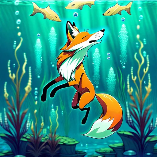 Prompt: Anthropomorphic fox breathing underwater
