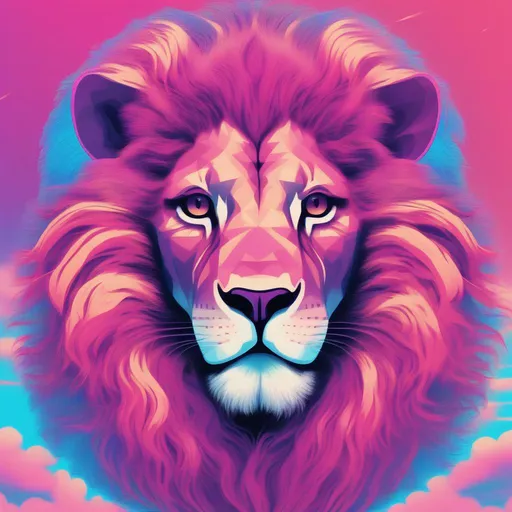 Prompt: a beautiful lion whose mane is made out of clouds and lightning, in an 80's synth wave style