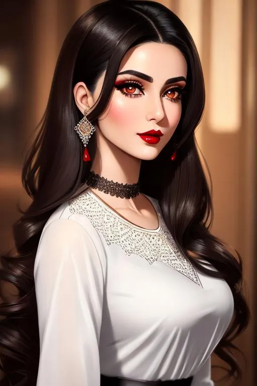 Prompt: Portrait of one brunette 25 year old Persian woman, red lipstick, highly detailed eyes, highly detailed pupils, highly detailed, seductive, wearing 50's pen skirt and white blouse, choker, highly detailed face, intricate, dark brown eyes, artstation, concept art, smooth, sharp focus, illustration, digital painting, artstation, concept art, smooth, sharp focus, illustration, art by Artgerm and Greg Rutkowski and Alphonse Mucha
