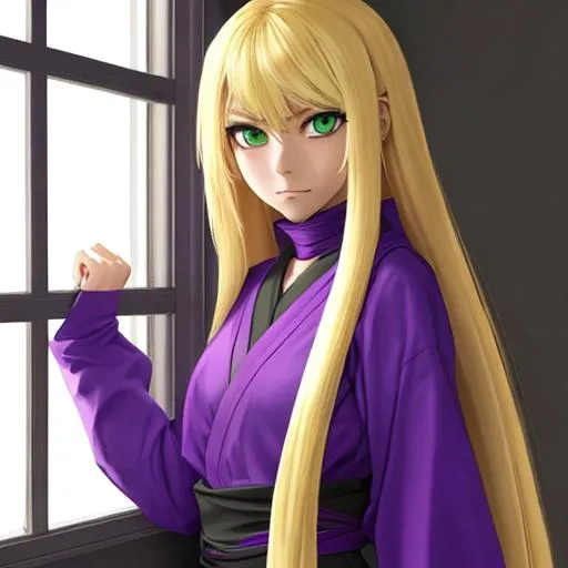 Prompt:  ninja girl with long, blonde, straight hair, purple clothes and green eyes  is looking at the window