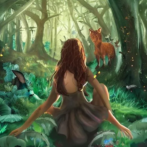 Prompt: A girl in a magical forest, with creatures around her