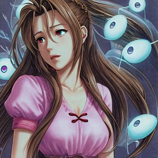 Prompt: Aerith from Final Fantasy except she has too many eyes