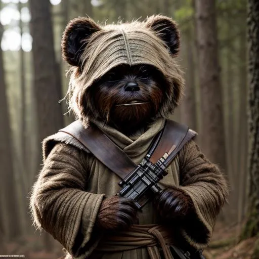 Prompt: Create a photograph of a star wars ewok jedi knight, republic armor, extremely detailed environment, detailed background, intricate, detailed skin, natural colors , professionally color graded, photorealism, 8k, moody lighting