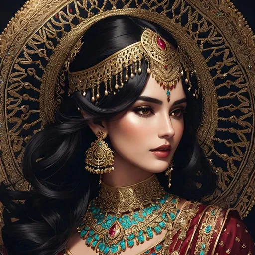 Prompt: woman beautiful dark haired woman , ornate clothes, elaborate jewels