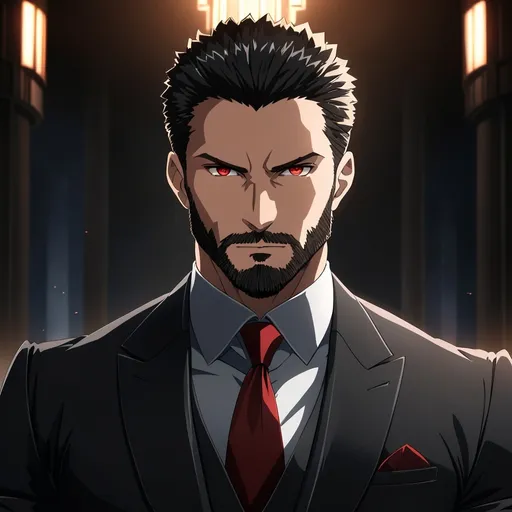 Prompt: Sleek, muscular man with piercing red eyes and short black hair, wearing a tailored black suit, a sharp short beard, intense and focused gaze, high-quality, detailed eyes, professional, atmospheric lighting, black suit, red eyes, muscular, short black hair, confident look, intense gaze, professional, anime, atmospheric lighting, smiling