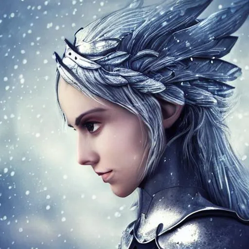 Prompt: Beautiful woman in armor, cold weather, photorealistic, beautiful, silver hair, elf ears, portrait