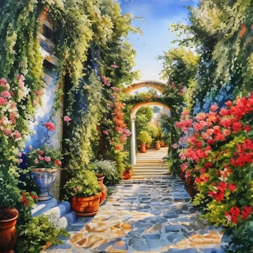 Prompt: A painting of a Greek secret garden 