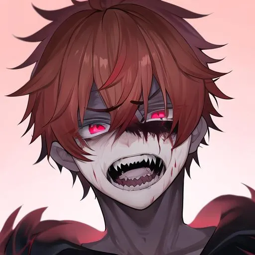 Prompt: Erikku male adult (short ginger hair, freckles, right eye blue left eye purple) UHD, 8K, Highly detailed, insane detail, best quality, high quality, covered in blood, covering his face with his hand, wide eyes, insane, fear, threatening, laughing, angry, fighting, psychopathic 