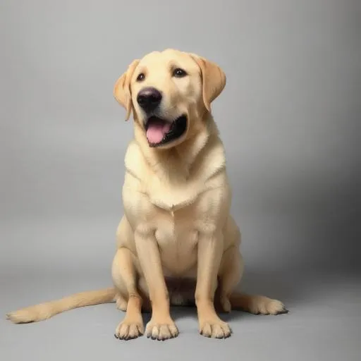 Prompt: happy Labrador, the background is solid and the color is white, the dog is sitting, the photo should display the dog's whole body