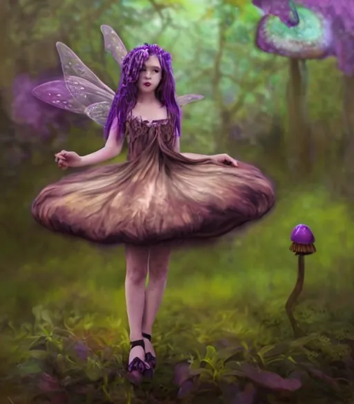 Prompt: Hyper realistic, oil painting mystical dark grunge fairy girl, wearing mushroom skirt, hyper detailed ruffle purple tube top, hyper feminine pixie 