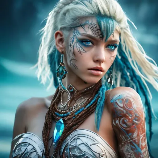 Prompt: professional modeling photo Kida as live action human woman hd hyper realistic beautiful athletic warrior woman white hair tan skin blue eyes beautiful face  blue tribal outfit and jewelry and tattoo enchanting atlantis hd background with live action realistic magical water