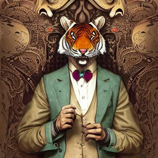 Prompt: anthropomorphic art of a detective tiger, victorian inspired clothing by artgerm, victo ngai, ryohei hase, artstation. fractal papersand books. highly detailed digital painting, smooth, global illumination, fantasy art by greg rutkowsky, karl spitzweg