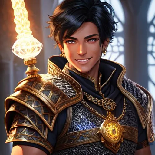 Prompt: oil painting, D&D fantasy, human man, tanned-skinned-male, beautiful, short bright black hair, straight hair, smiling, looking at the viewer, cleric wearing intricate chain mail armor, casting a healing spell #3238, UHD, hd , 8k eyes, detailed face, big anime dreamy eyes, 8k eyes, intricate details, insanely detailed, masterpiece, cinematic lighting, 8k, complementary colors, golden ratio, octane render, volumetric lighting, unreal 5, artwork, concept art, cover, top model, light on hair colorful glamourous hyperdetailed medieval city background, intricate hyperdetailed breathtaking colorful glamorous scenic view landscape, ultra-fine details, hyper-focused, deep colors, dramatic lighting, ambient lighting god rays, flowers, garden | by sakimi chan, artgerm, wlop, pixiv, tumblr, instagram, deviantart
