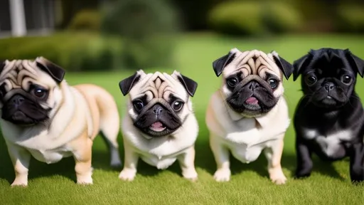 Prompt: Multiple pug dogs smiling on a suburban lawn