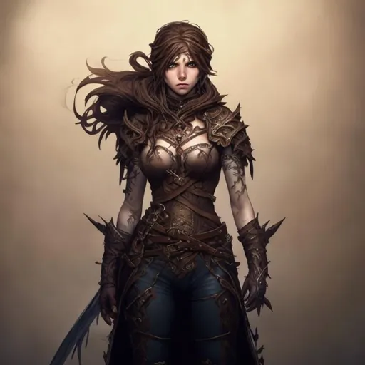 Prompt: A female fantasy character, light leather on upper body, laced bodes, brown hair, highly detailed art, rogue, beautiful,
