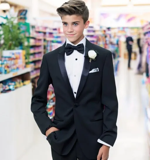 Prompt: Attractive teenage Boy in a tuxedo casting sparkly magic spell with a magic wand in a store