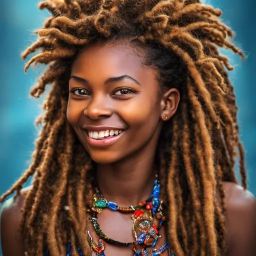 Prompt: Please create a professionally taken photograph (portrait), best quality, (8k, RAW photo, best quality, masterpiece:1.2), (realistic, photo-realistic:1.4), ultra-detailed, perfect detail. African lady, model, in mixed colored dreadlocks, smiling, perfect teeth, light reflections, angelic cute face, blue eyes