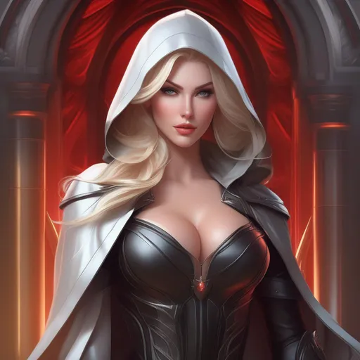 Prompt: Beautiful fantasy busty seducer, goth, (crop top:1.5), barely black leather fantasy armor clothed, blonde hair, pale skin, hooded red cloak, full body, highly detailed, digital painting, artstation, hyperrealistic, sharp focus, illustration, art by artgerm and greg rutkowski and alphonse mucha, 8k, pretty eyes, award-winning cgi, blender, headshot