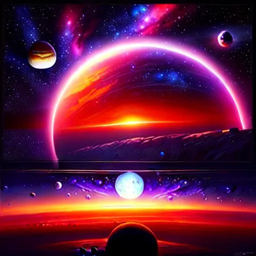 Prompt: Please produce a fantasy space artwork Fantastic planetscape looking down on a tundra. Space ships flying in the sky, a red gas giant planet, and stars in the background on the horizon with vibrant colors and effects. very pretty painting. 