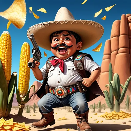 Prompt: Photo realistic, A little person, short very fat laughing Mexican brown man yelling, dressed as a bandito wearing a very very wide brim pointy big colorful sombrero, a gun belt, leaping through the air, firing a gun up in the air, two ammo belts criss crossed over his chest, boots with spurs, next to a pile of corn chips, desert setting, in detailed  Mexican facial features, vibrant colors, photo realistic, Looney Toons style, theatrical lighting, high quality, details, stage setting, professional, animated shading, cartoon realism, exciting, detailed expression, 