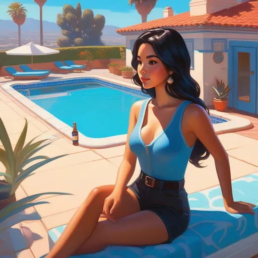 Prompt: Third person, gameplay, Korean-American girl, olive skin, black hair, brown eyes, 2020s, smartphone, Los Angeles, sunny hot weather, pool, blue atmosphere, cartoony style, extremely detailed painting by Greg Rutkowski and by Henry Justice Ford and by Steve Henderson 

