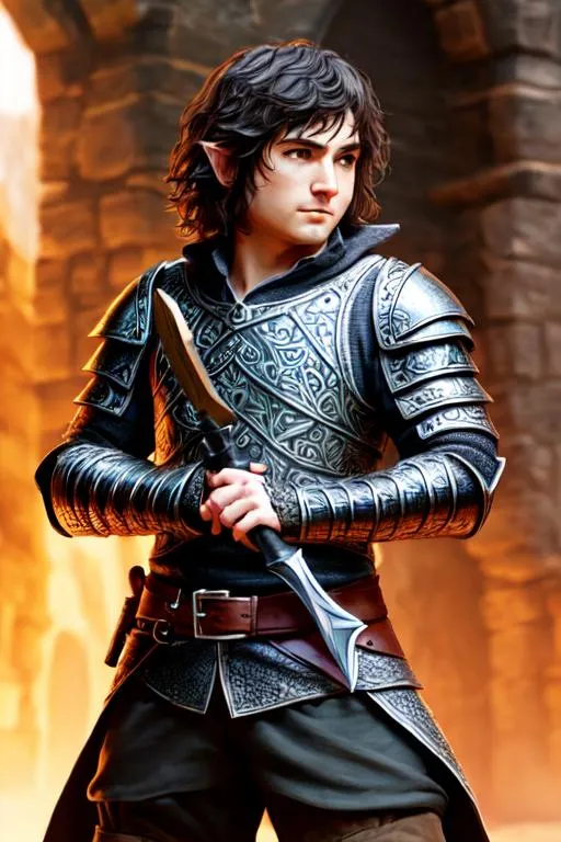 Prompt: hobbit  thief, standing in shadows, dagger, small weapons, tough, realistic leather armor, fully covered chest, practical leather armor, Hyper-realistic, perfect, full body shot, intricate, symmetrical, wide eyes, soft-lighting, detailed-face, high details, UHD, real hands, proper hands, real fingers, proper fingers, no deformed parts, no writing