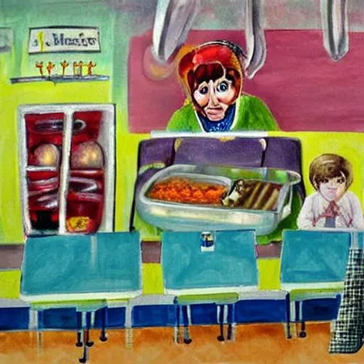 Prompt: A strange painting of a kid In a school cafeteria and the lunch lady is deformed and creepy looking and all the food looks horrible