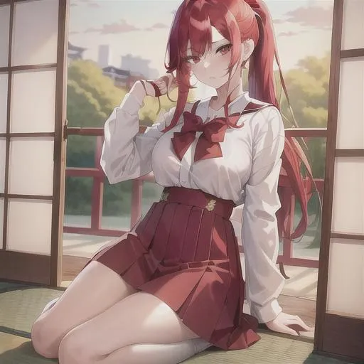 Prompt: (masterpiece, illustration, best quality:1.2), girl, full body, solo, pale skin, toned body, stray hairs, calm demeanor, vibrant red eyes, vibrant red hair, bright Long red hair, red hair, long pony tail, long side fringe, beautiful white hair tips, beautifully attractive Japanese school uniform, finely detailed,  detailed face, toned face, beautiful detailed eyes, beautifully detailed very generous attractive body, beautiful tonified and strong abdomen, visible beautifully detailed deep cleavage, beautiful detailed legs, detailed black high heels, attractive look, attractive pose, beautiful red lipstick, beautiful detailed shading, beautifully detailed background, modern background, sharp focus, absurdres, highres, cinematic lighting, street photography, macro detailed shading, smooth soft detailed skin, {{hyper detailed}}, photo realistic, {{{masterpiece}}}, glowing light, detailed background, hair between eyes, dynamic angle, library, 4K, HDR, perfect eyes