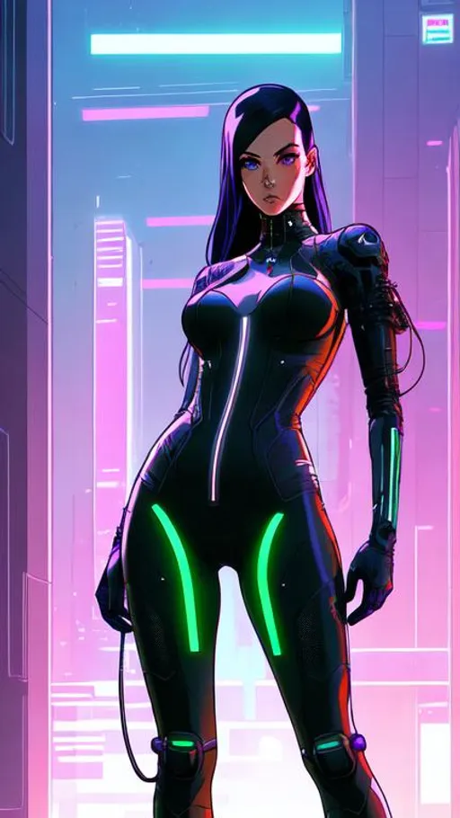Prompt: full body low-angle shot of a futuristic cyberpunk cyborg woman. character concept art. art by Tomer Hanuka and J Scott Campbell and Conrad Roset and Kaethe Butcher, super glossy, glowing eyes, Ray Traced, Ray Tracing, Tone Mapping, hyper-realistic, intricate, highly detailed, cybernetic, ultra sharp, vibrant colours,ar--9:16 