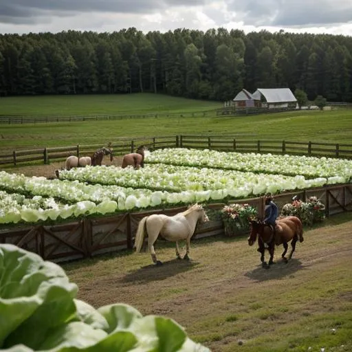 Prompt: horses eating iceberg lettuce on a  cowboy farmyard. wide shot. photorealistic

