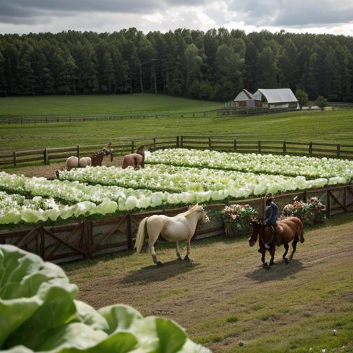 horses eating iceberg lettuce on a cowboy farmyard....
