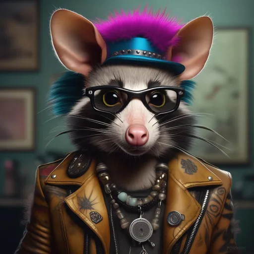 Prompt: Realistic photo of a possum fursona, adorned in vibrant punk attire, assuming the role of a tattoo artist. The fursona's fur is a lustrous blend of earthy tones, with a punk-inspired mohawk standing defiantly on its head. Its keen eyes exude both artistic focus and mischievous curiosity. As it deftly works the tattoo machine, each intricate stroke is a masterpiece of ink and creativity. The setting is a tattoo studio adorned with eclectic punk decor, the walls a canvas of rebellious art. The atmosphere is charged with artistic energy and a sense of individuality. Striking neon lights cast a vivid glow, enhancing the vibrant scene. -