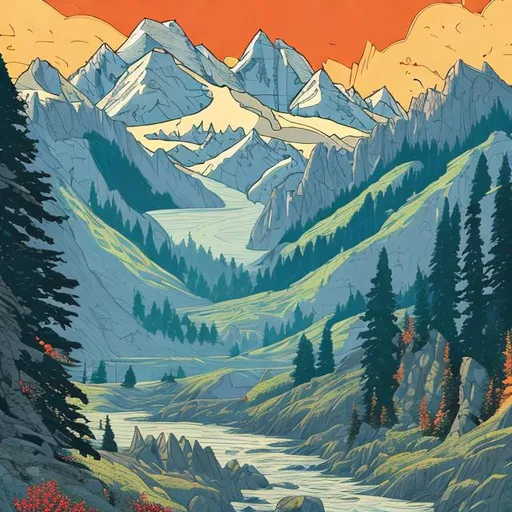 Prompt: Washington state, mountains, hyperdetailed, proportional, romantic, enchanting, achingly beautiful, graphic print, trending on artstation, bob's burgers style