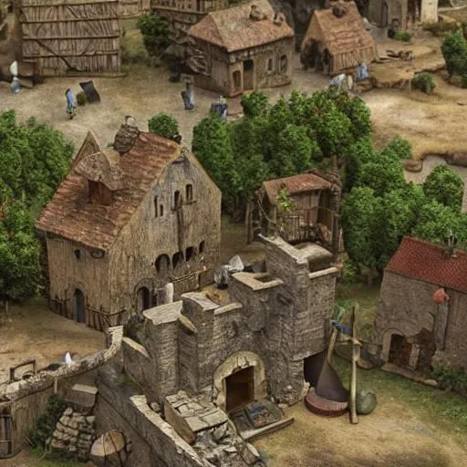 Prompt: A hyper-realistic medieval village landscape, the homes are run down and showing age, set in a dark setting with streets made of dirt, and a fighting pit in the village center