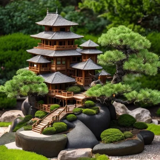 Prompt:  A wooden castle surrounded by green mound juniper bonsai trees, waterfall, rocks, walking path