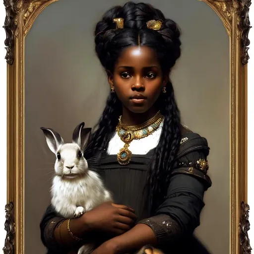 Prompt:  Portrait of a beautiful black queen holding a white rabbit 1850, realistic, {background outside}, super detailed, 8k, high quality, sharp focus, real skin, cheeks red, transparent, intricate details, highly detailed, oil painting by William Waterhouse 